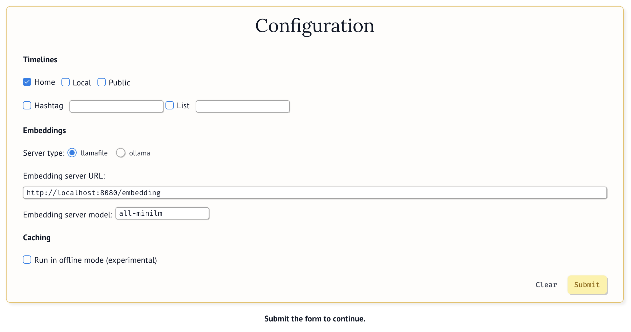 A configuration panel showing the sections "Timelines", "Embeddings", and "Caching"